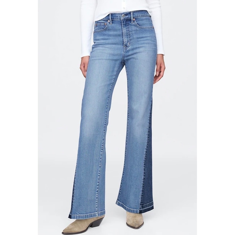 Gap 70s Flare High Rise Two Tone Panel Jeans Blue‎ 29 8R Retro Boho Festival